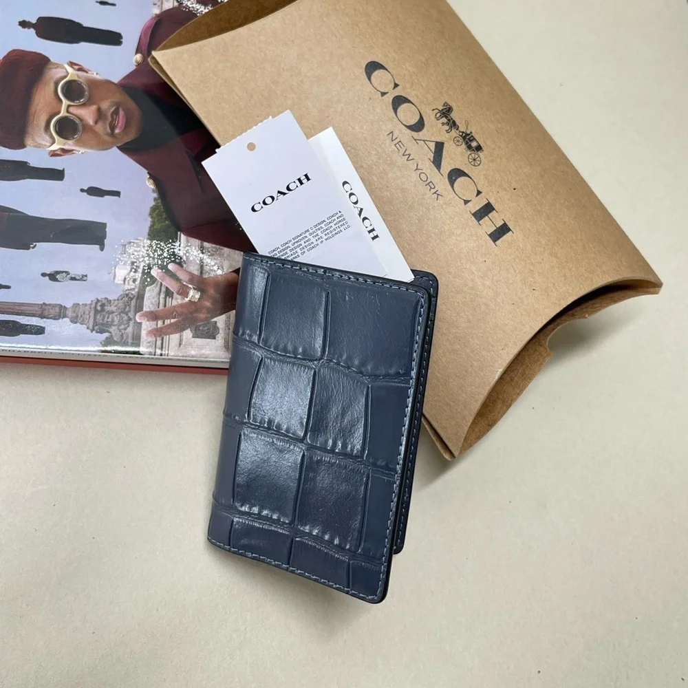 (new+tag+box) Coach Men bifold + card case croc navy wallet size 4.25x3 inch